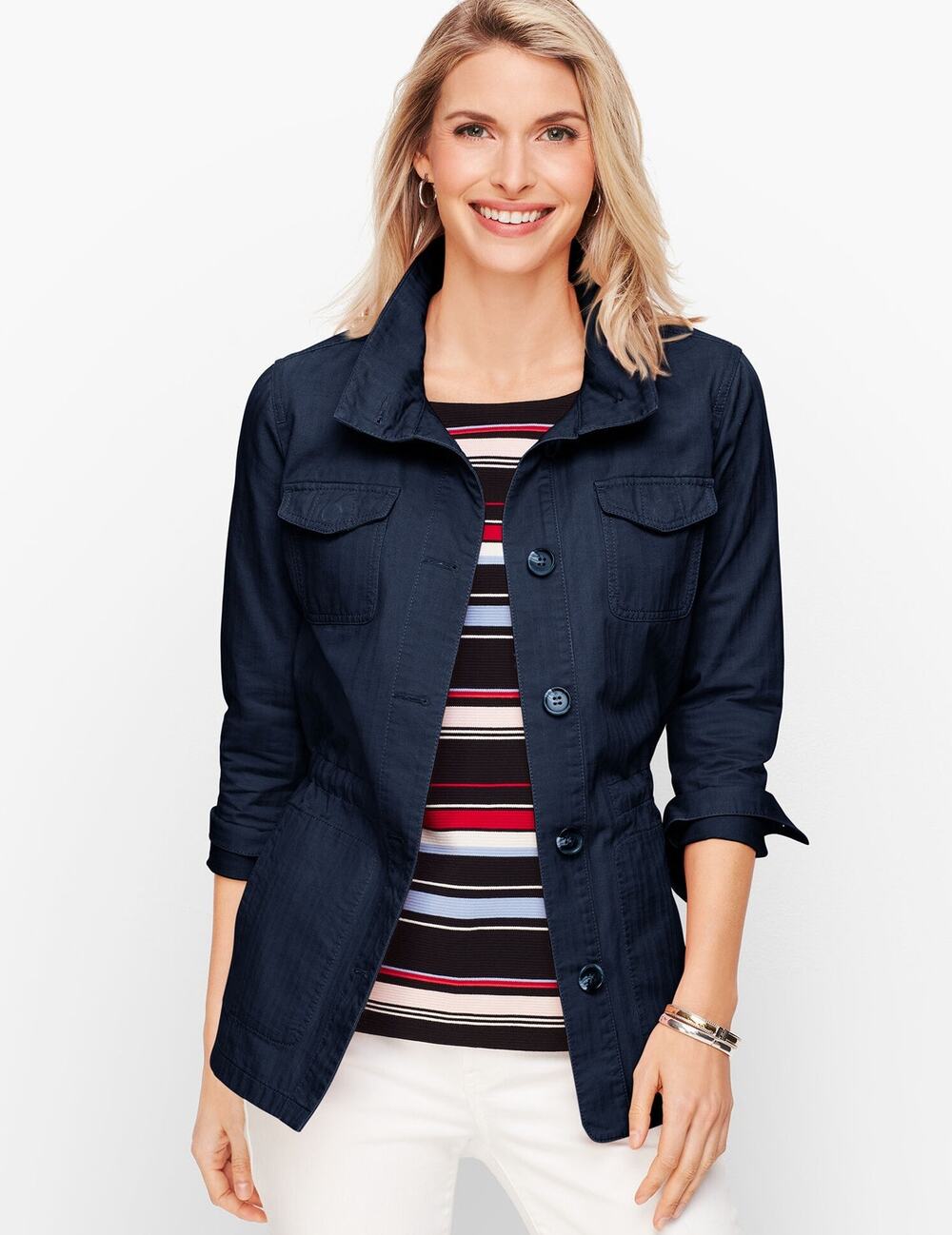 Talbots Navy Blue Cotton Twill Safari Field Jacket Size: M